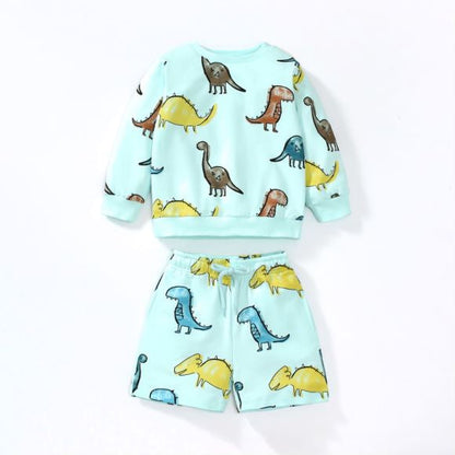 Baby Boy All Over Dinosaur Pattern Hoodie And Shorts Sets-0