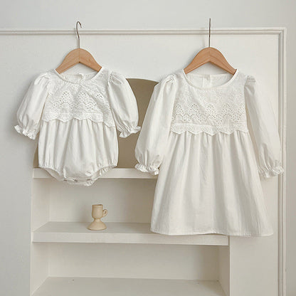 New Spring/Autumn Baby Onesies And Dress For Girls With White Lace Trim – Princess Sister Matching Set-0