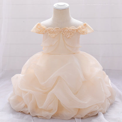 Baby Girl Solid Color One Shoulder Design Tutu Formal Dress Baptism Birthday Dress-9