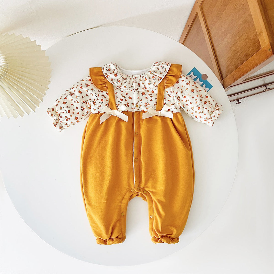 Baby Girl Ditsy Flower Pattern False 2 Pieces Design Thickened Thermal Jumpsuit-0