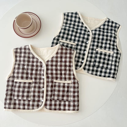 Baby Colorblock Plaid Pattern Sleeveless Thickened Quilted Vest Coat Outfit-0