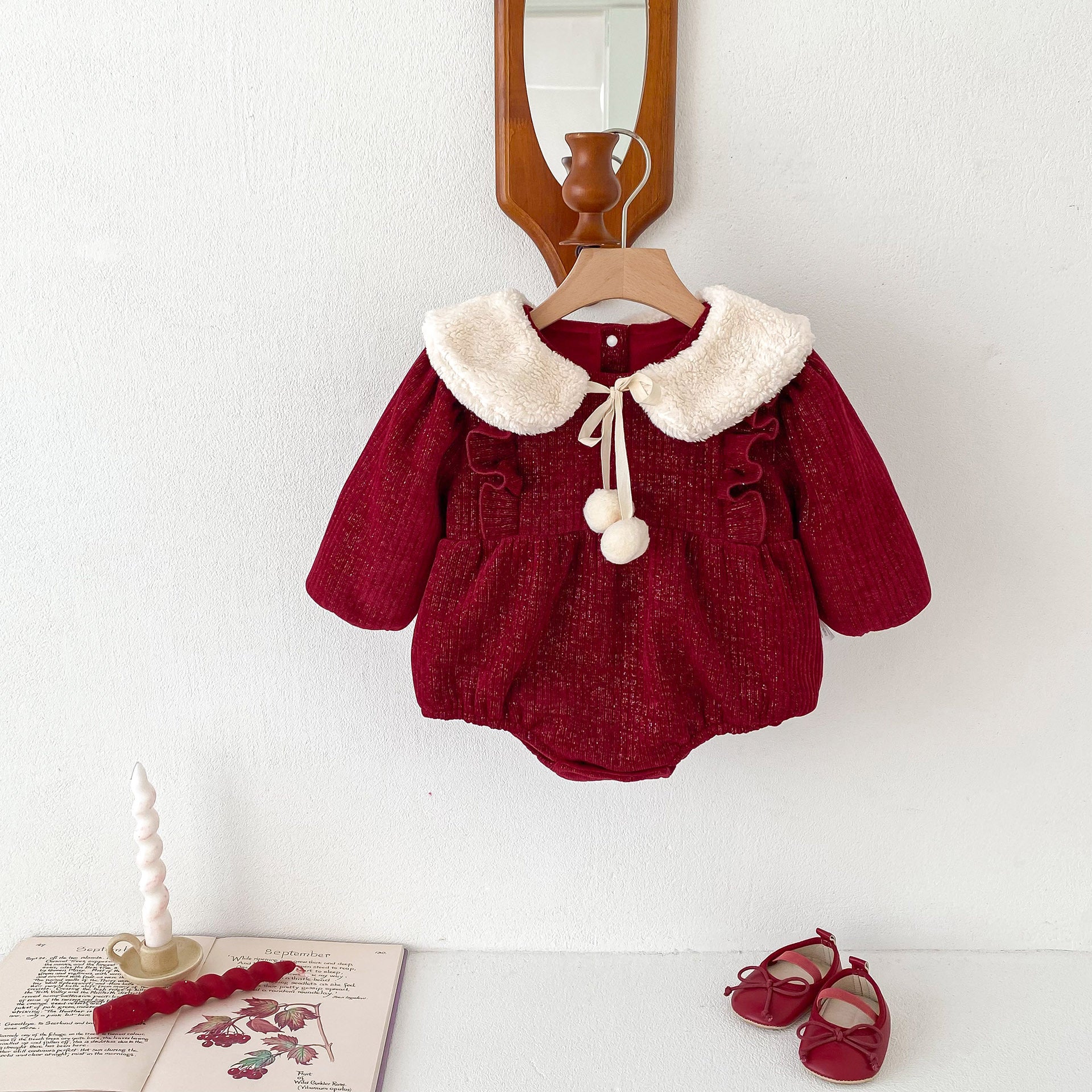 New Arrival Baby Girls Solid Color Long Sleeves Red Ruffle Thick Princess Onesie-9