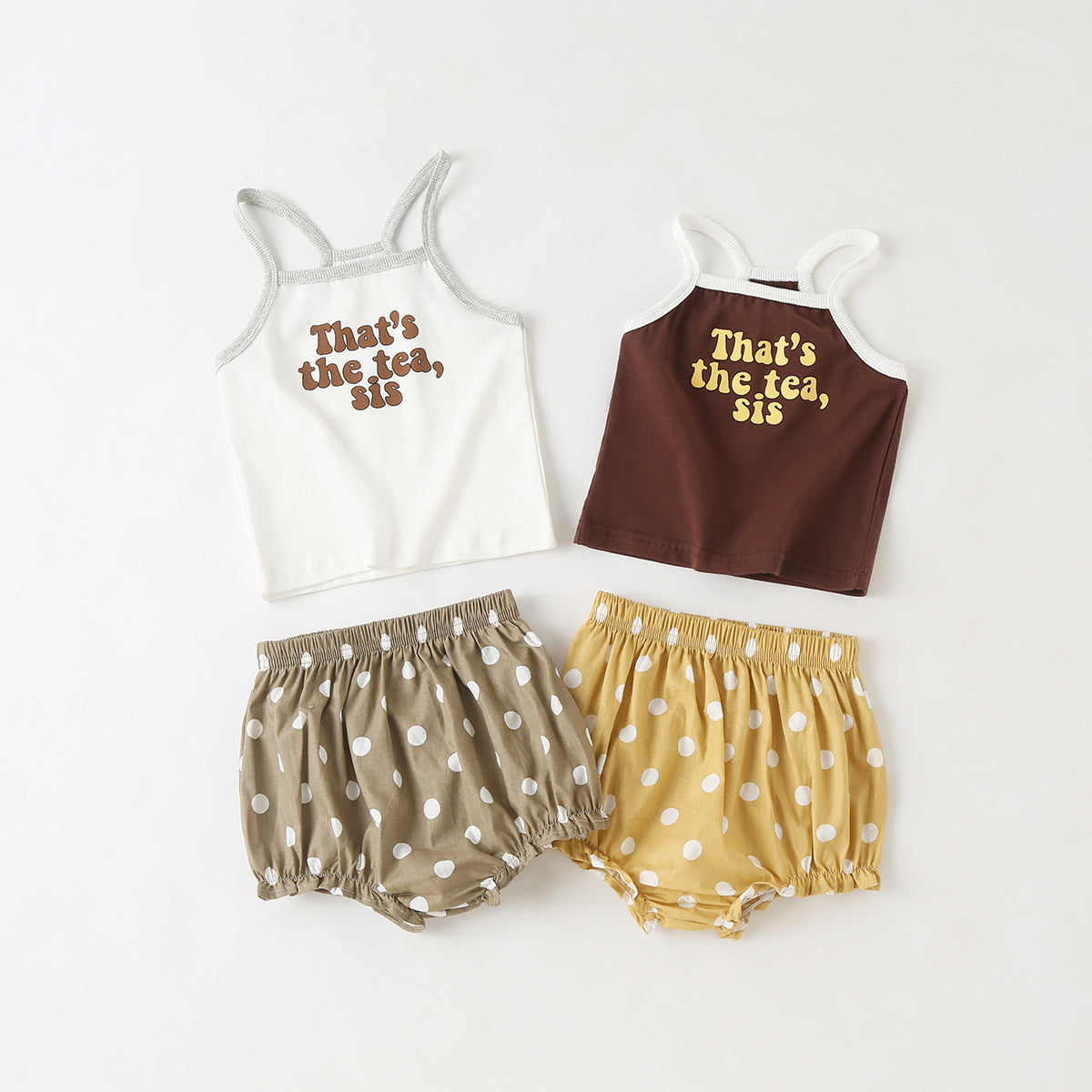 Baby Girl Slogan Pattern Sling Tops Combo Polka Dot Graphic Triangle Shorts 1 Pieces Sets-0