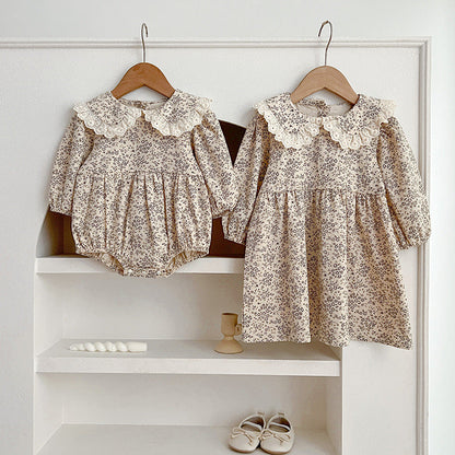 Adorable Baby Lace Collar Romper And Floral Print Girls’ Dress – Princess Sister Matching Set-9