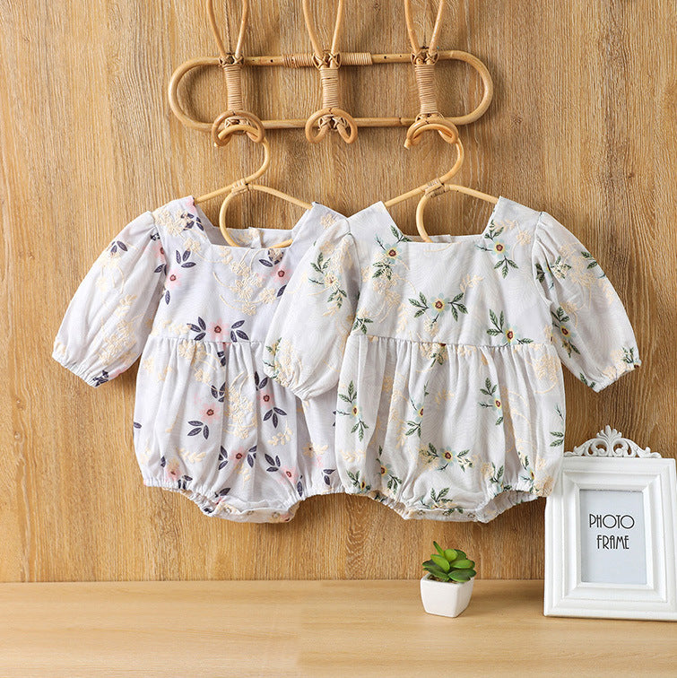 Baby Girl Floral Embroidered Pattern Square Collar Bodysuit-0