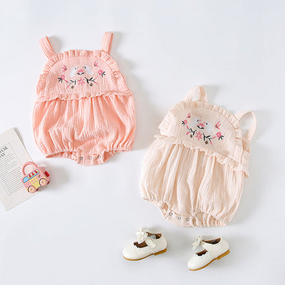 Baby Girl Floral Embroidered Pattern Lace Design Solid Color Sleeveless Onesies In Summer-0