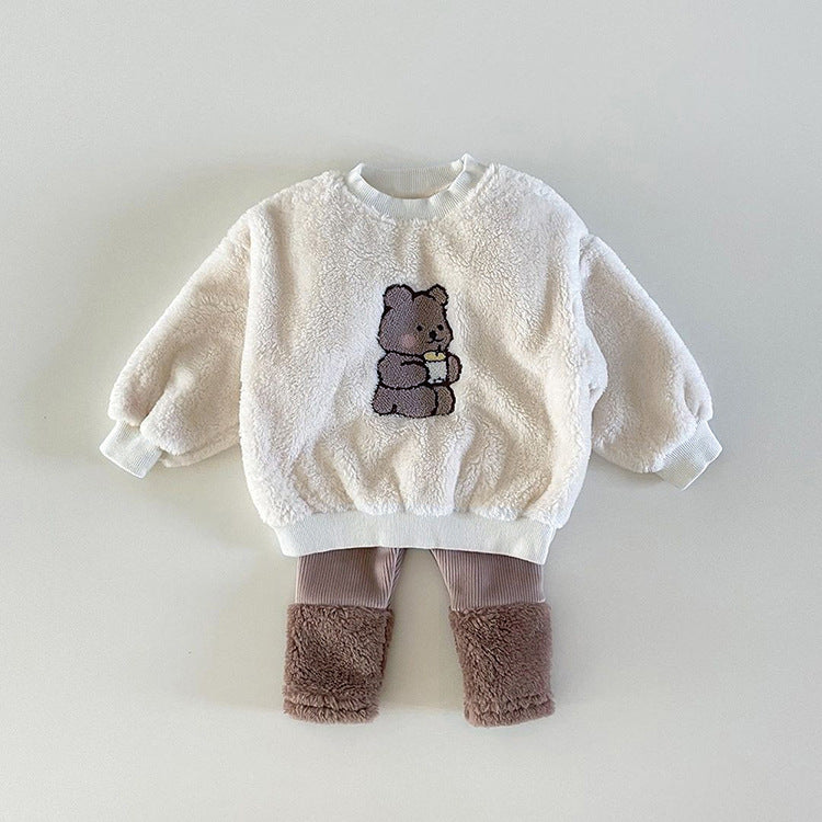 Baby Bear Embroidered Pattern Plush Hoodies Combo Pants  Pieces Sets-10