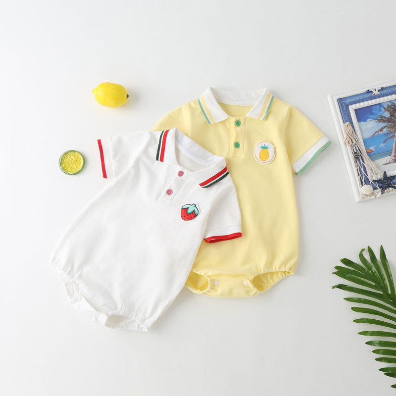 Baby Fruit Pattern Polo Collar Color Blocking Design Short-Sleeved Onesies-0