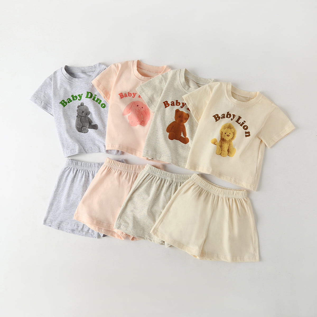 Baby Cartoon Animal &amp; Slogan Pattern Short Sleeved Tee Combo Solid Shorts Sets-0