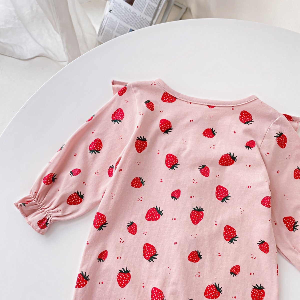 Baby Girl Allover Strawberries Pattern Ruffle Design Button Front Romper-11