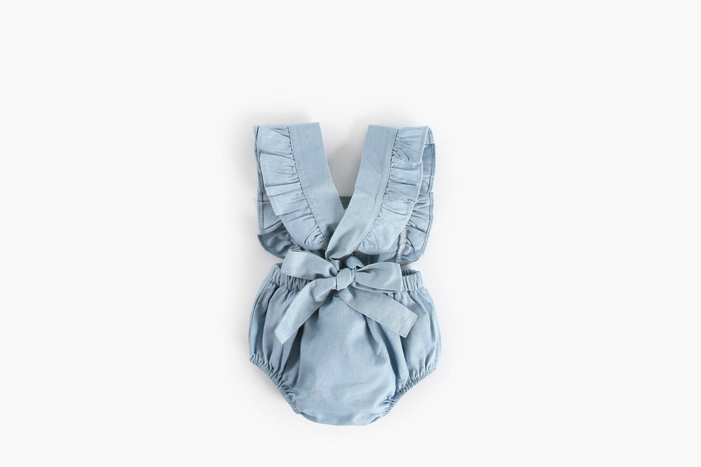 Baby Girl Square Collar Lace Design Denim Fabric Sleeveless Backless Onesies With Bow Decoration-11