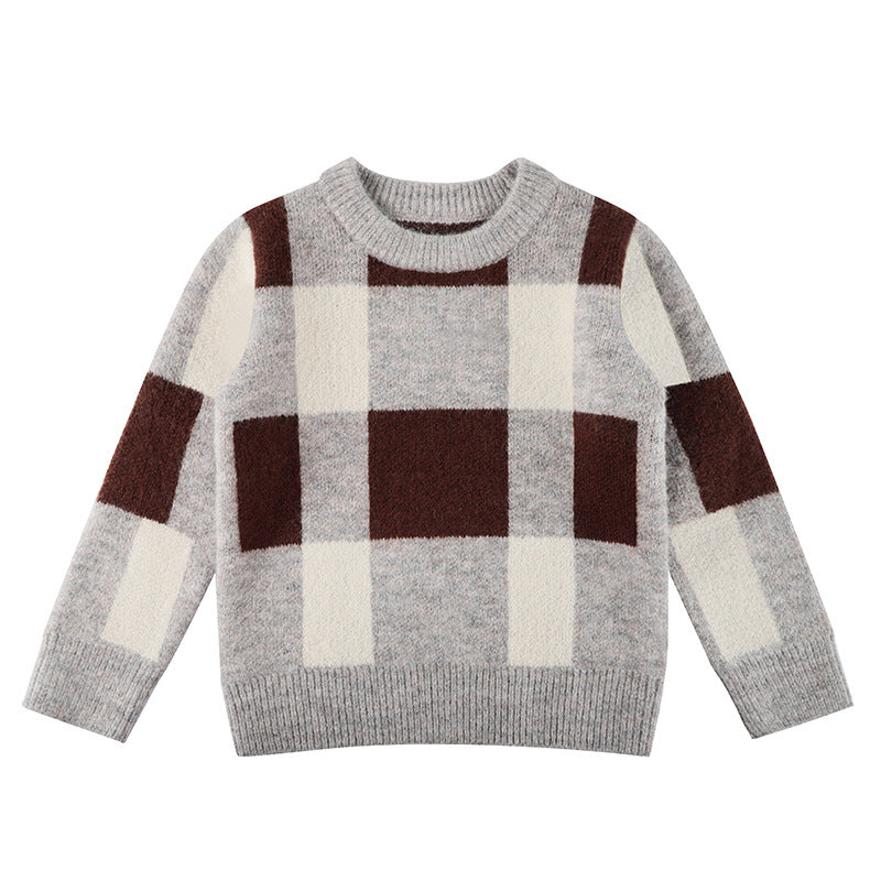 Baby Boy Plaid Graphic O-Neck Long Sleeves Western Classic Sweater-1