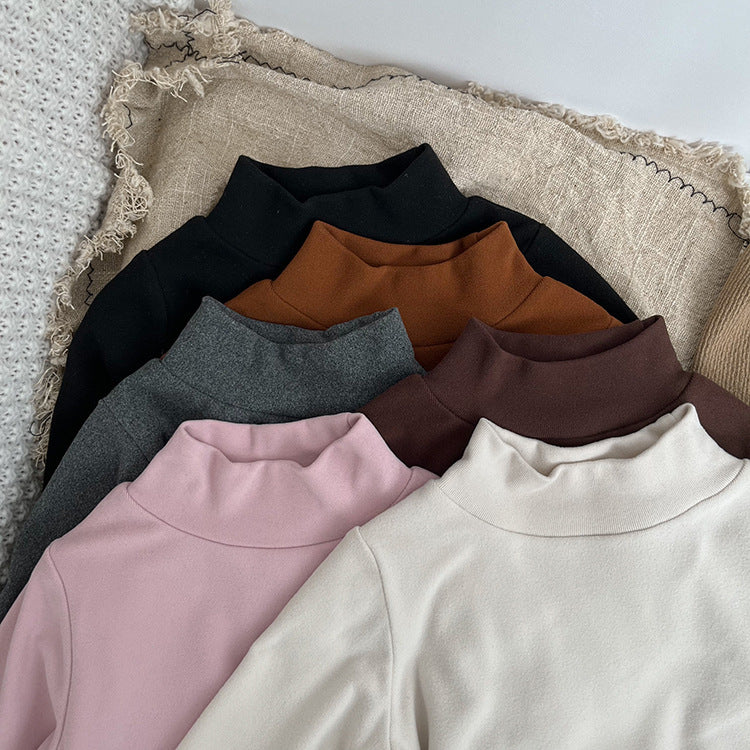 Baby Solid Color High Neck Long Sleeve Pullover Shirt Tops-10