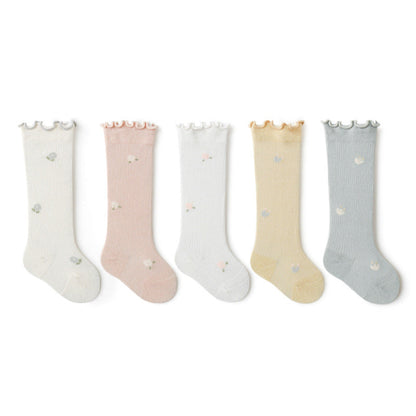 Baby Girl Solid Color Floral Embroidered Pattern Breathable Knee Socks-0