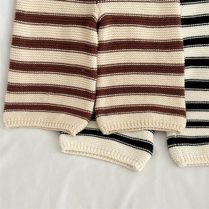 Baby Striped Pattern Lapel Knitted Cardigan With Pants Sets-11