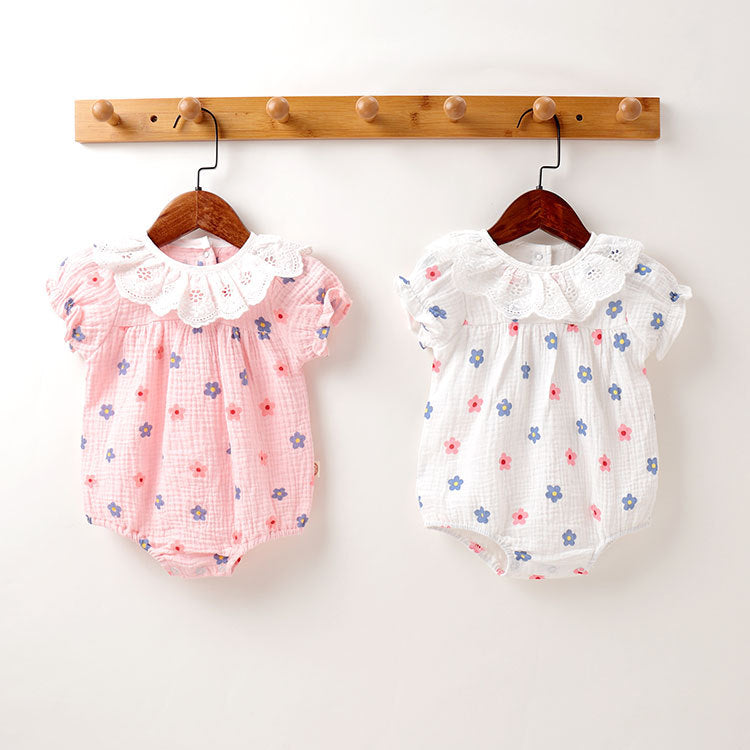 Baby Girl Floral Print Ruffles Collar Short-Sleeved Onesies-0