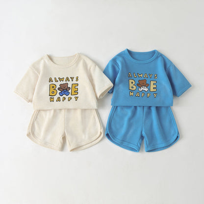 Baby Cartoon Bear &amp; Slogan Pattern Waffle Fabric Tops Combo Solid Shorts 1-Piece Sets-0