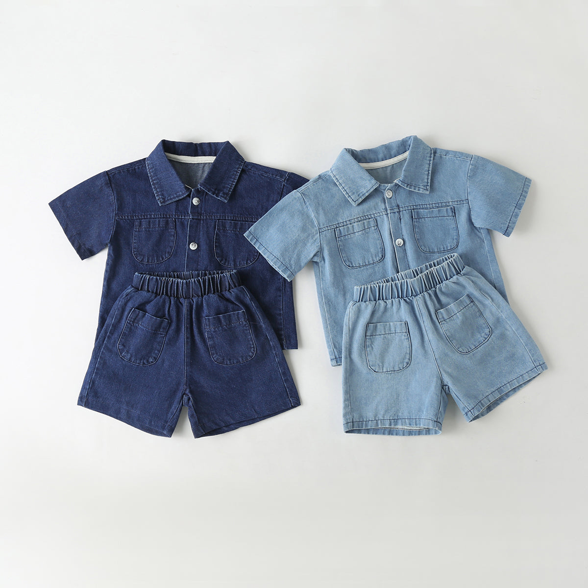 Baby Solid Color Butoon Front Denim Shirt Combo Shorts Sets In Summer-0