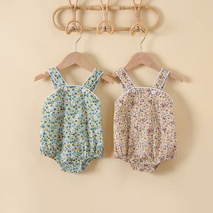 Baby Girl Floral Print Pattern Solid Color Sleeveless Onesies In Summer Outfit Wearing-0