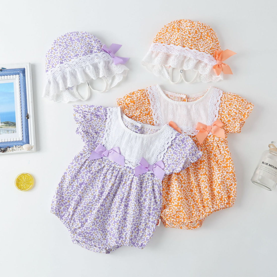 Baby Girl Floral Pattern Lace Patchwork Round Collar Short-Sleeved Colorful Cotton Onesies With Hat-0