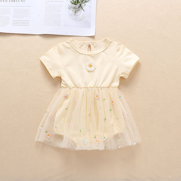 Baby Girl Embroidery Daisy Short-Sleeved Round Collar Dress-0