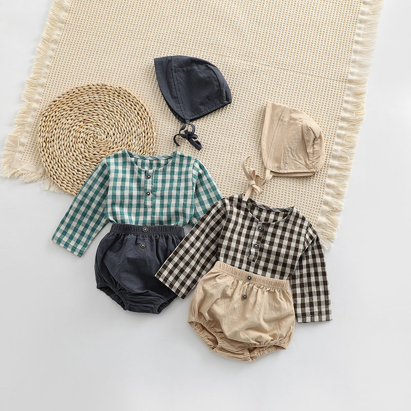 Baby Plaid Graphic Tops And Solid Shorts With Hat 1Pieces Sets-0