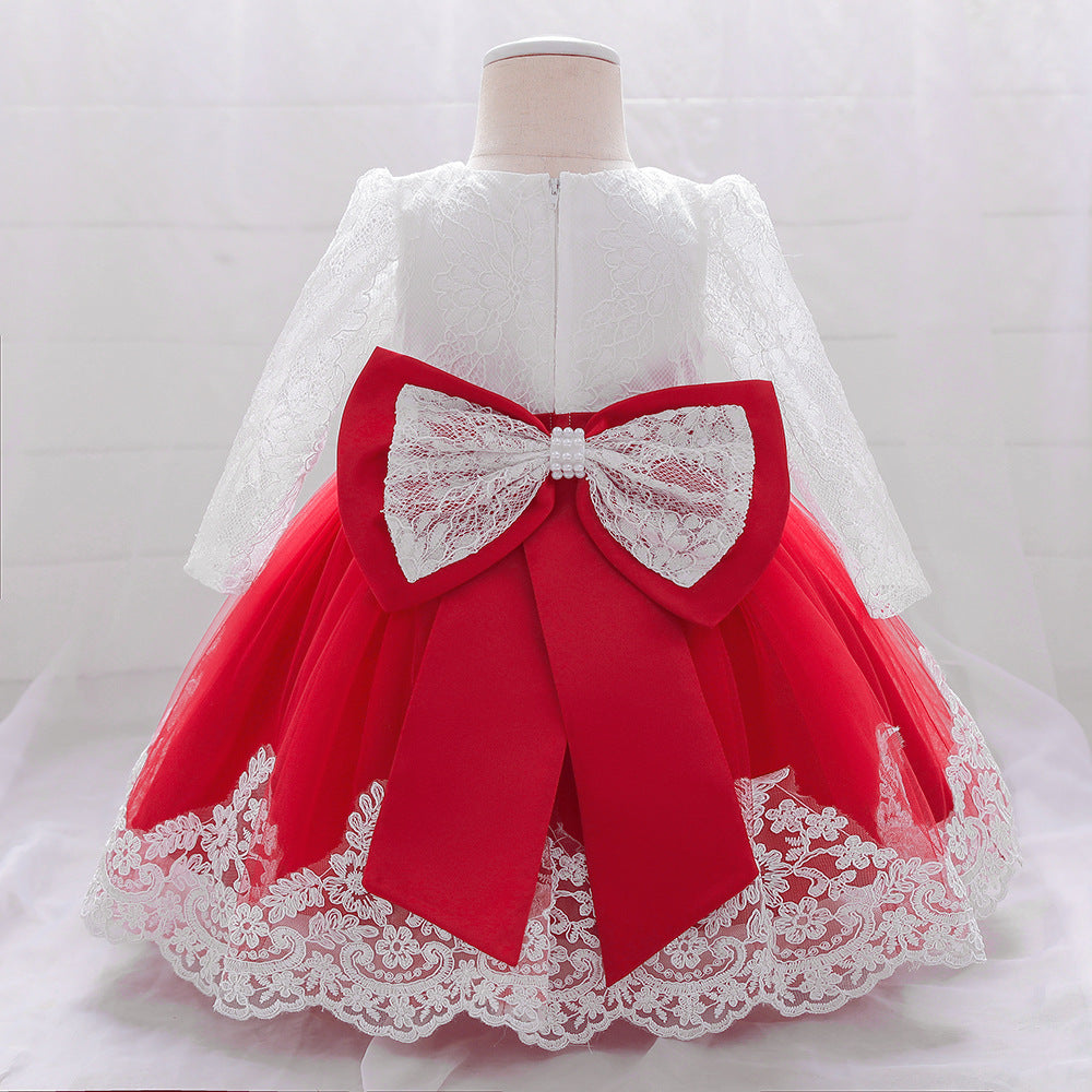 Baby Girl Bow Patched Design Long Sleeves Full Moon Christening Mesh Formal Dress-17