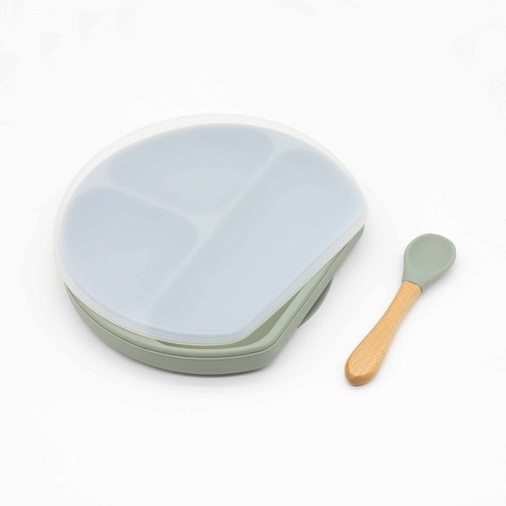 Baby Silicone Compartment Plate With Wooden Spoon-11