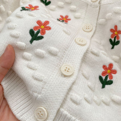 Baby Girl Flower Embroidered Pattern Thickened Knit Single Breasted Design Cardigan-11