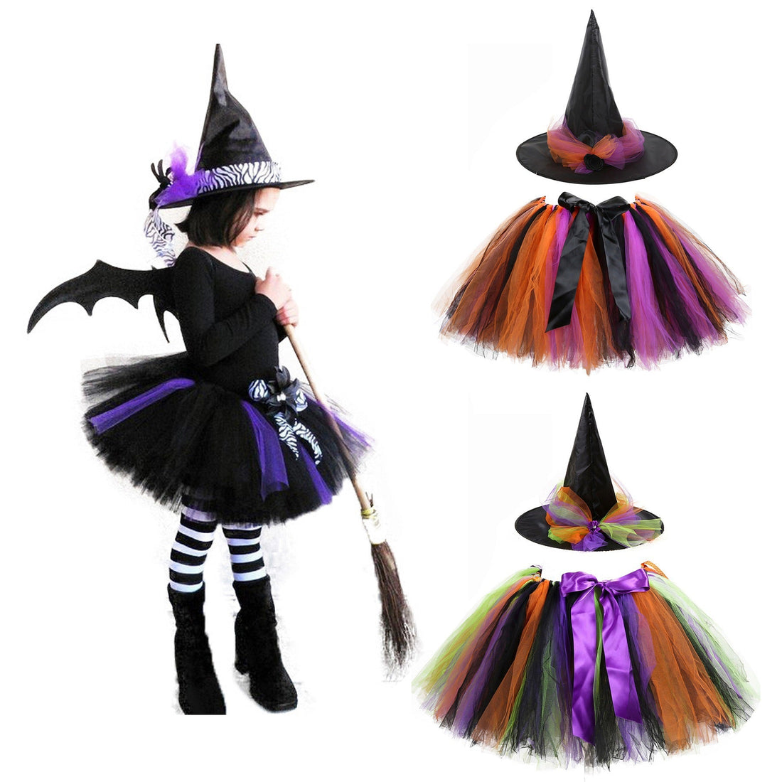 Children’s Halloween Witch Cosplay Hat Skirt Wings 1-Piece Sets-0