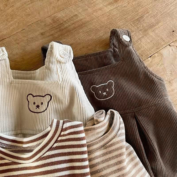 Baby Striped Shirt Combo Corduroy Fabric Cartoon Bear Embroidered Vest Bodysuit 2 Pieces Sets-11