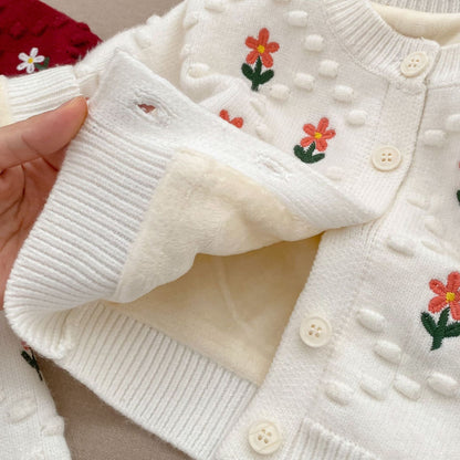 Baby Girl Flower Embroidered Pattern Thickened Knit Single Breasted Design Cardigan-12