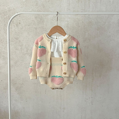 New Arrival Baby Girl Peach Embroidery Cardigan Combo Overalls In Sets-0