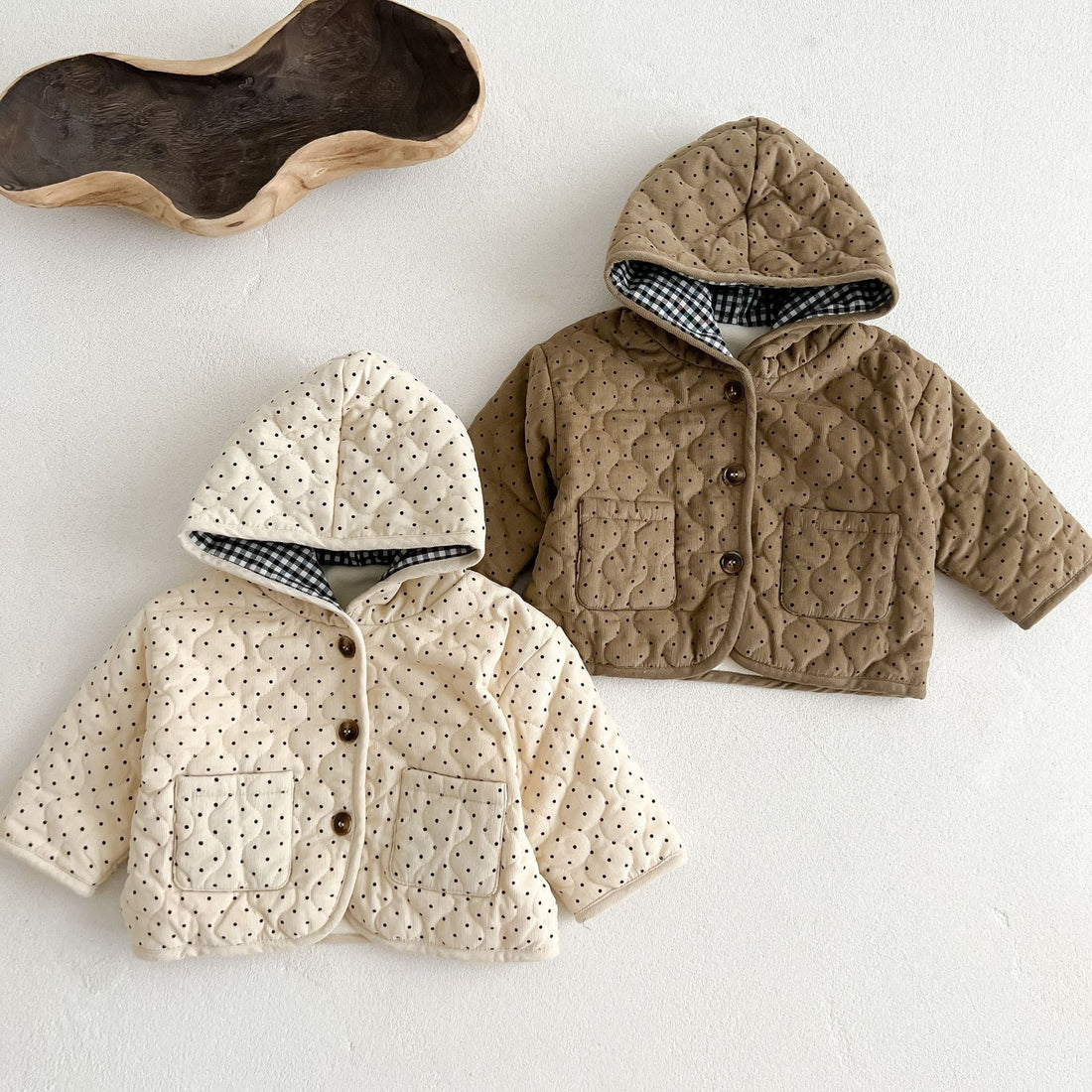 Baby Dot Pattern Corduroy Fabric Quilted Warm Coat With Hat-0