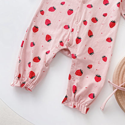 Baby Girl Allover Strawberries Pattern Ruffle Design Button Front Romper-12