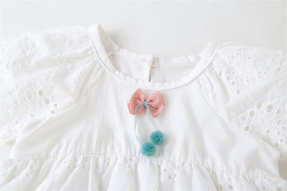 Baby Girl 1pcs Solid Color Hollow Carved Design Bow Onesies Dress-12