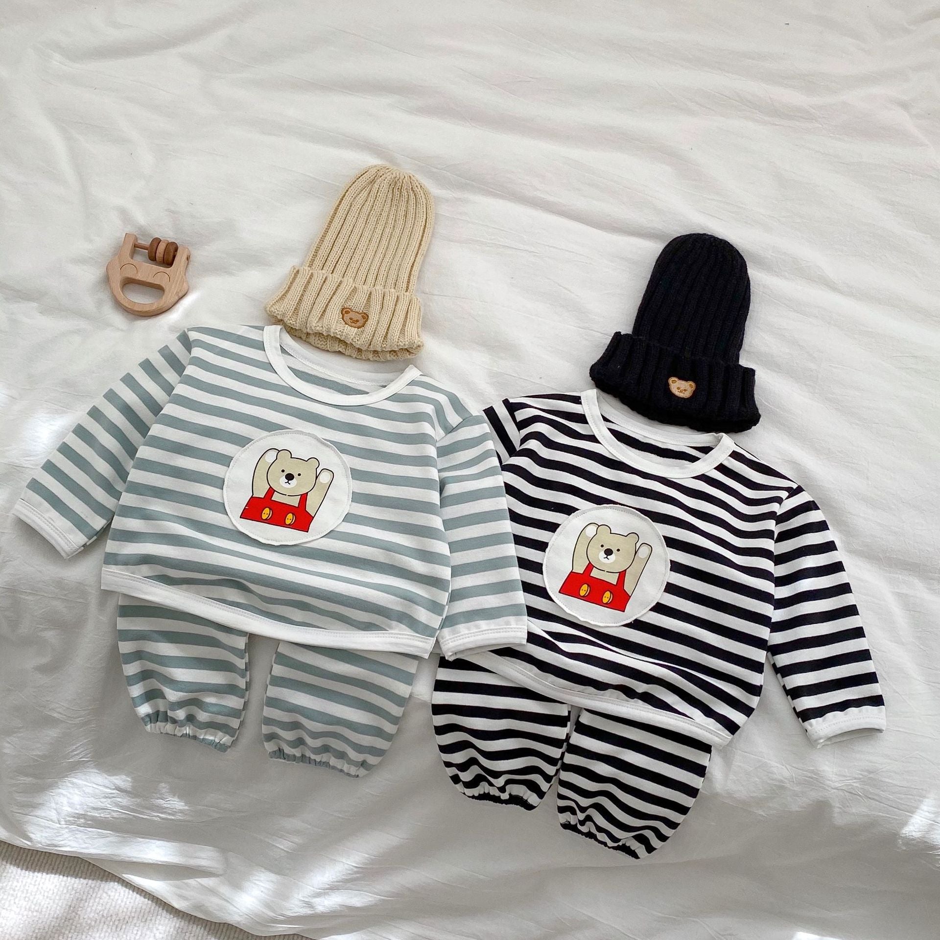 Baby Striped Pattern Cartoon Design Hoodies 2 Pieces Sets-0