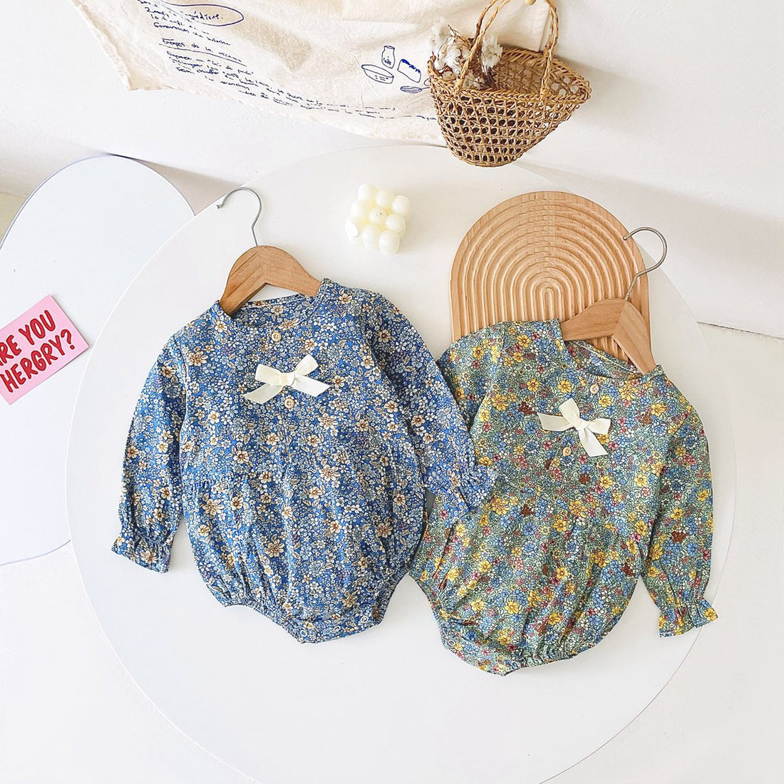 Baby Girl Ditsy Flower Pattern Bow Patched Design Korean Style Onesies-0