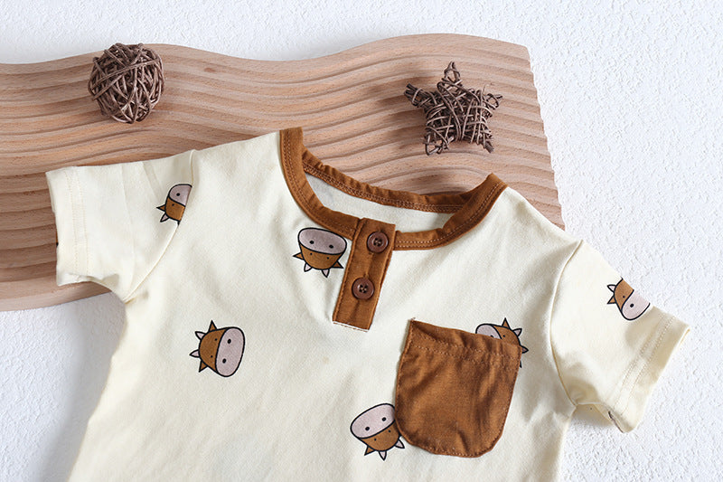 Baby Girl Cartoon Sheep Round-Collar Short-Sleeved Onesie Combo Hat In Summer-11