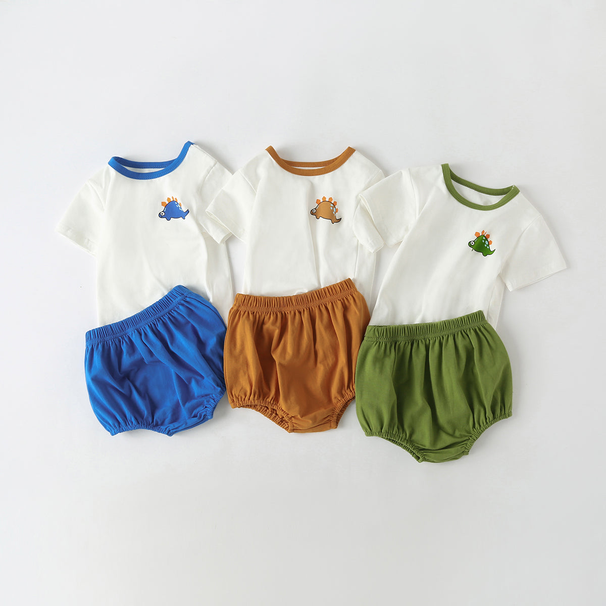 Baby Cartoon Dinosaur Pattern Contrast Neck Tee Combo Solid Shorts Sets-0