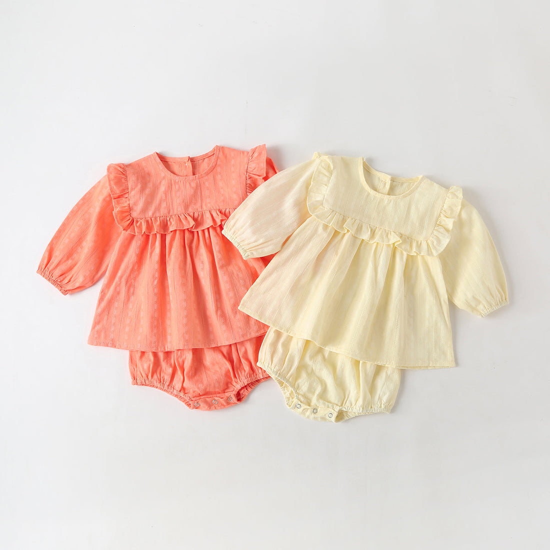 Baby Girl Solid Color Frill Trim Design Long-Sleeve Tops Combo Triangle Shorts Sets-0