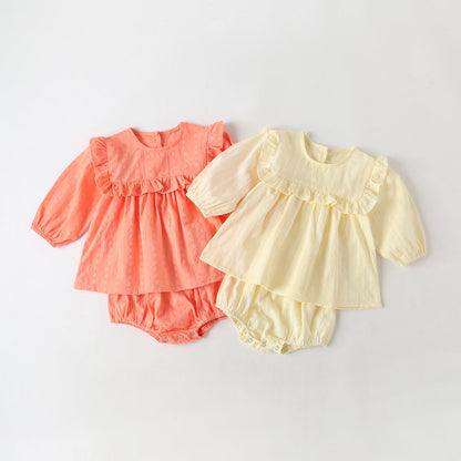 Baby Girl Solid Color Frill Trim Design Long-Sleeve Tops Combo Triangle Shorts Sets-0