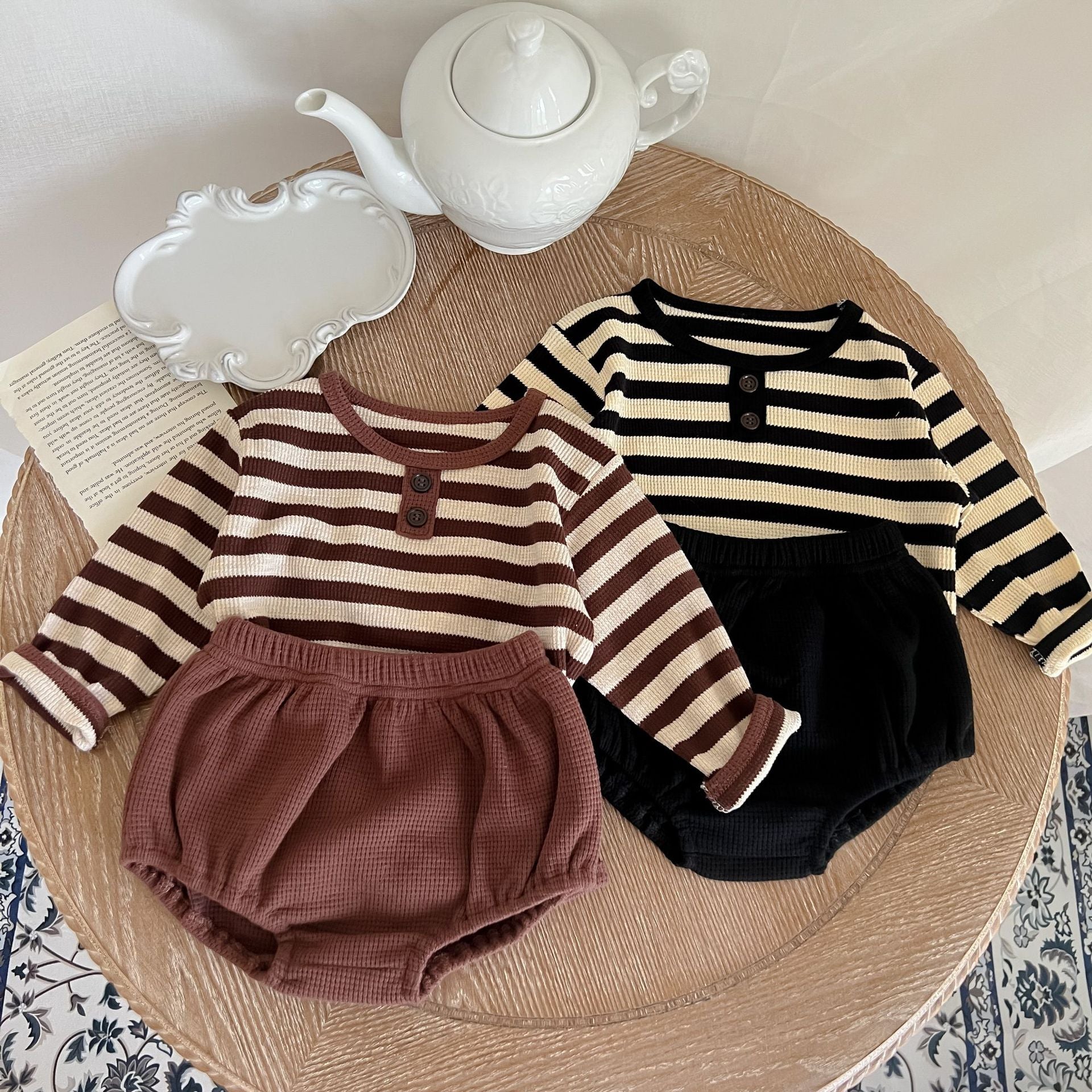 Baby Striped Pattern Long Sleeve Tops &amp; Triangle Shorts 1 Pieces Sets-0