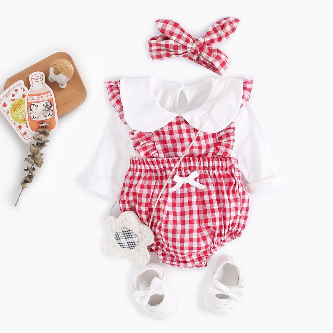 Baby Girl Doll Neck Solid Shirt &amp; Red Plaid Graphic Bow Patched Bodysuit 1 Pieces Sets-0