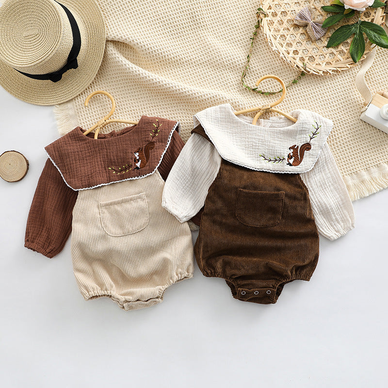 Baby Embroidered Pattern Lapel Cotton Shirt Combo Corduroy Strap Onesies Sets-0