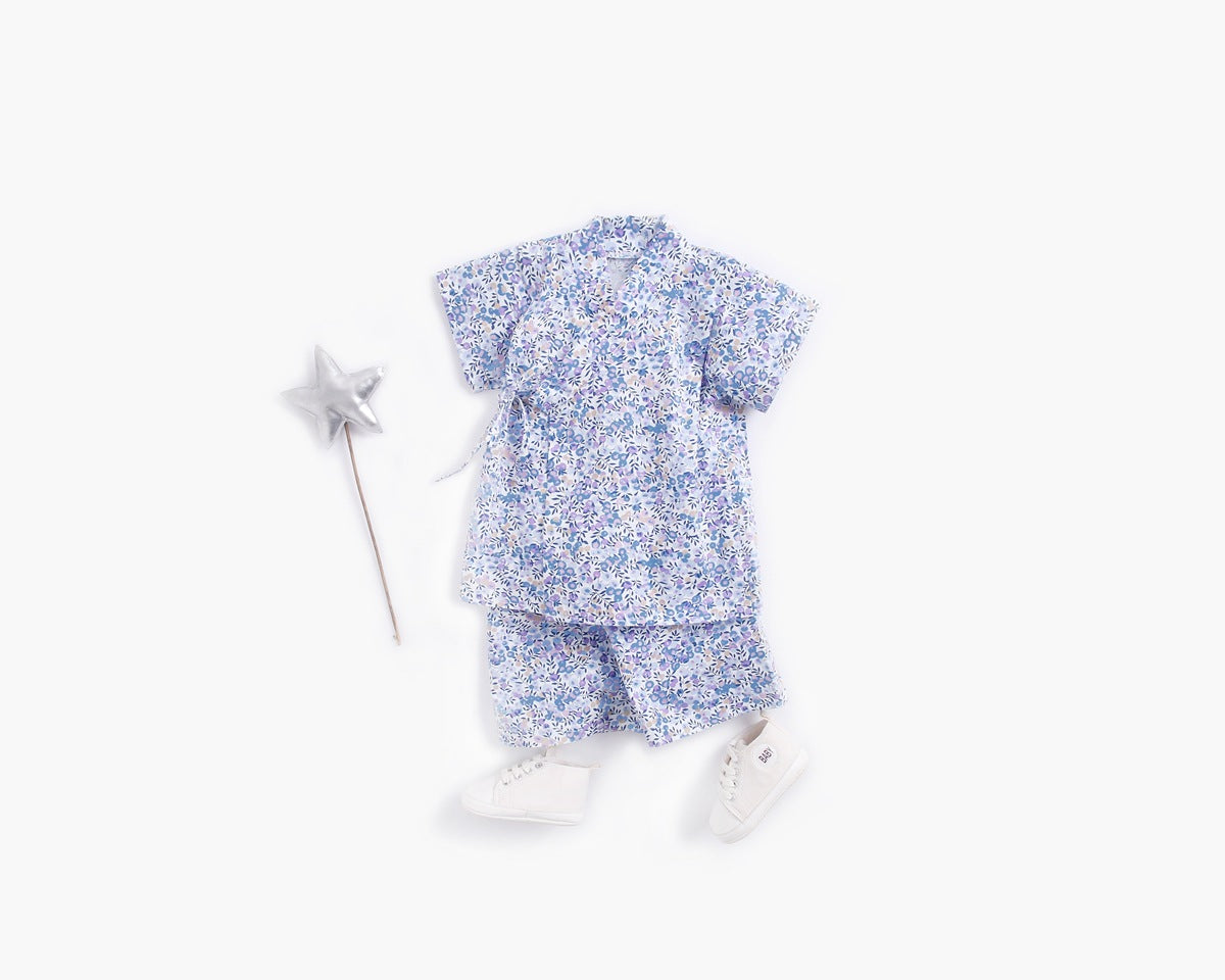 Baby Floral Print Belt Design Short-Sleeved Tops Combo Shorts Japanese Sets Pajamas-0