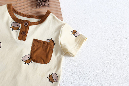 Baby Girl Cartoon Sheep Round-Collar Short-Sleeved Onesie Combo Hat In Summer-12