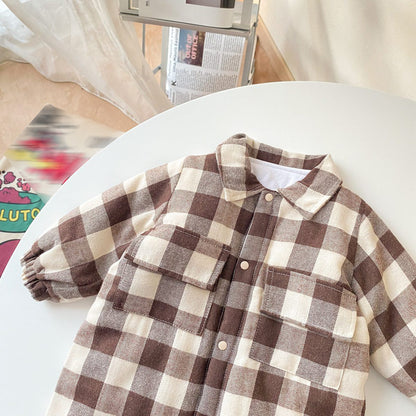 Baby Boy Plaid Pattern Snap Button Front Long-sleeved Thick Rompers-13