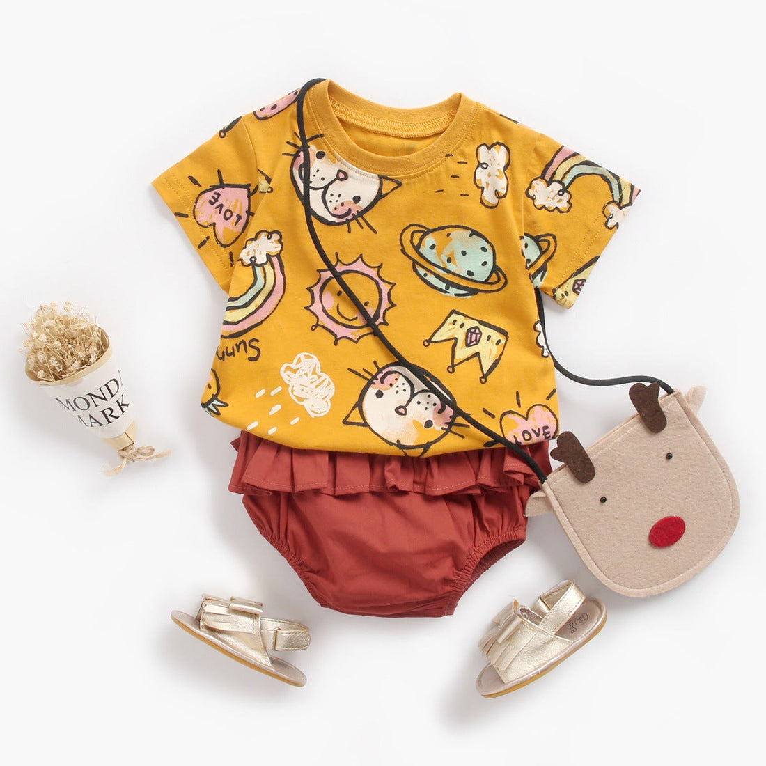 Baby Girl Cartoon Print O-Neck T-Shirt Combo Ruffle Shorts Sets In Summer-0