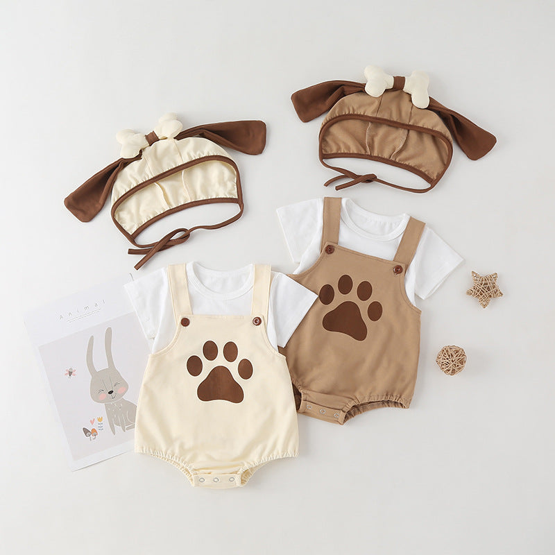 Baby Kids Puppy Print Pattern Short Sleeves With Straps Onesies In Set With Hat Of Puppy Shape-0